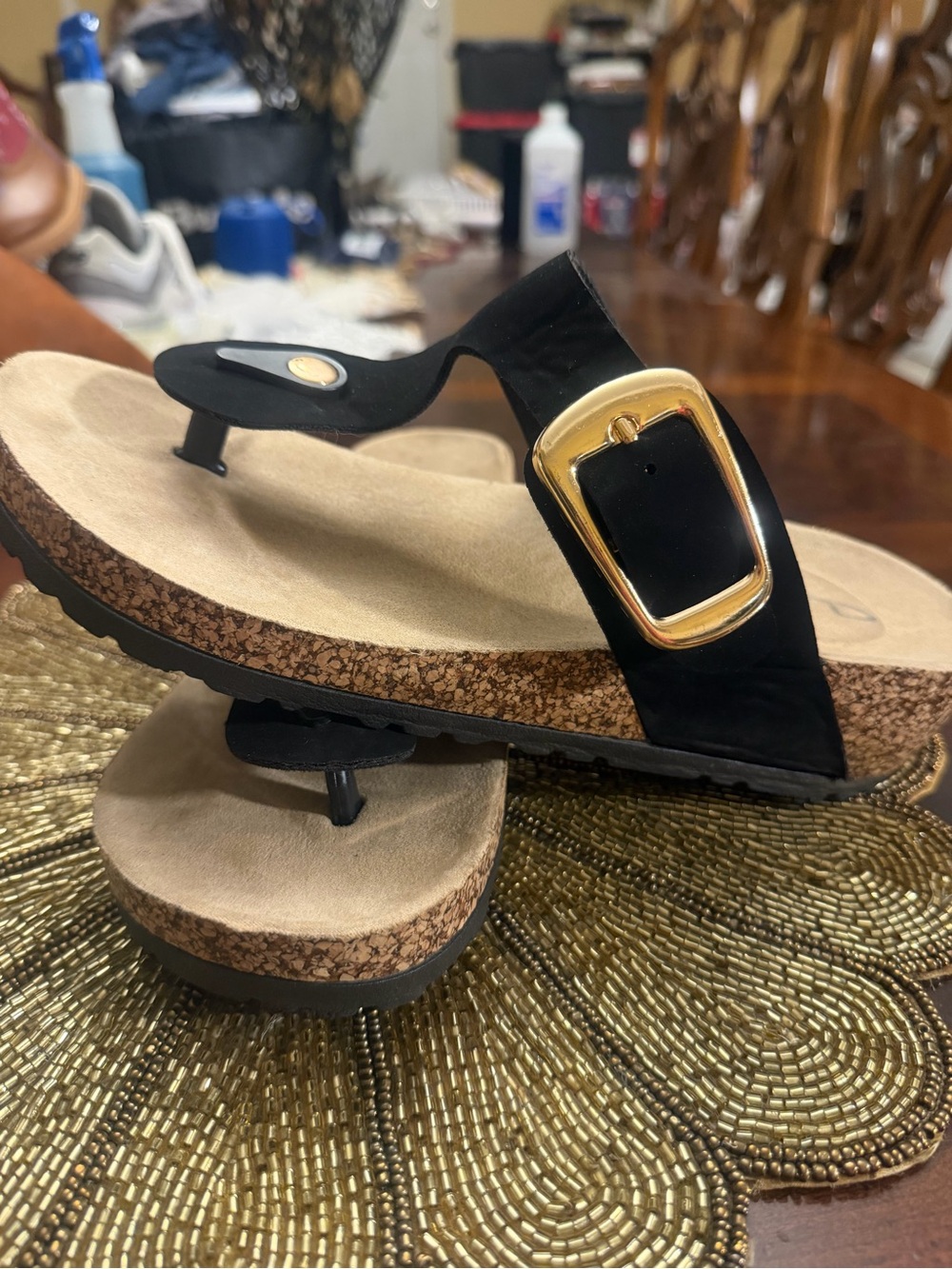 Black Cork-Style Toe-Post Sandals with Gold Accent - Picture 3 of 6